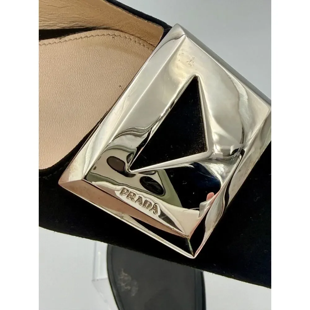 Prada Square Toe Pumps Black Suede Size 39.5 / 9.5 Metal Buckle Logo